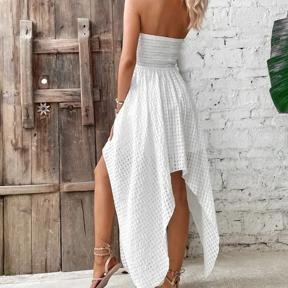 White Womens Plaid Knot Front Asymmetrical Hem Tube Dress - Picture 3 of 5